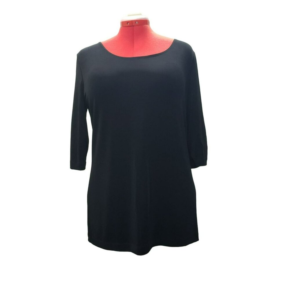 Chicos Travelers Black 3/4 Sleeve Tunic Top, Size 2 Large, Scoop Neck, READ